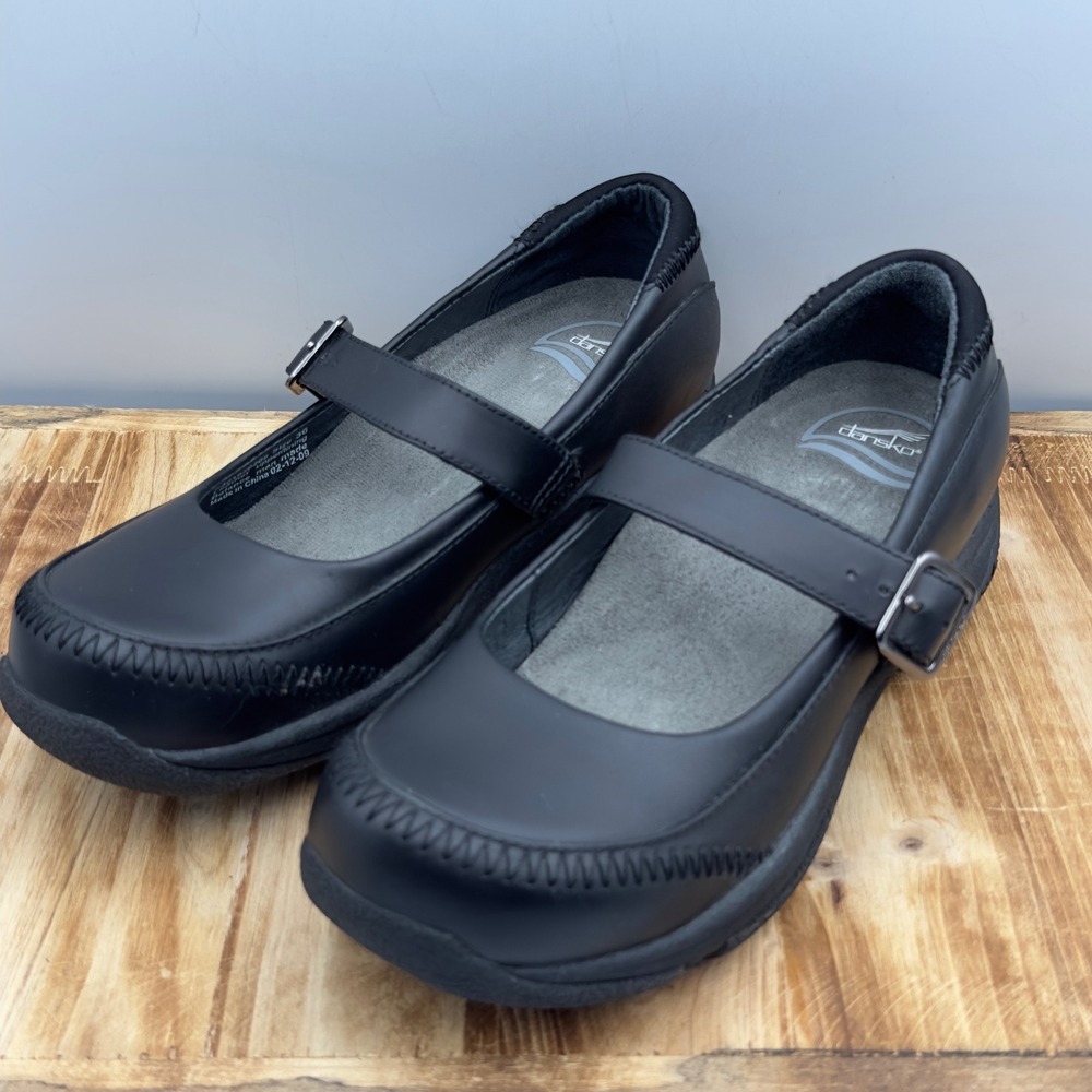 Dansko Mary Jane Black Leather Buckle Comfort Professional 36 Clogs Shoes